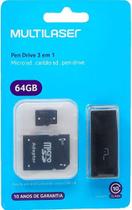 Pen Drive 3 em 1 USB 2.0 - Pen Drive + Adaptador SD + Cartão de memória - 64 GB - Multilaser