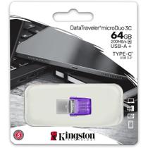 Pen Drive 64GB Kingston Datatraveler MicroDuo 3C, com inferfaces USB 3.2 Ger.1 Tipo A e Tipo C, Leitura 200MB/s, DTDUO3CG3/64GB KINGSTON