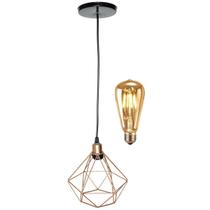 Pendente Aramado Diamante Luminária Lustre Retrô Balcão Cobre Rose Gold + Lâmpada Led ST64 Vintage