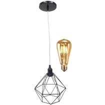 Pendente Aramado Diamante Lustre Cabo Cristal P Preto + Lãmpada Led ST64 Vintage Retrô