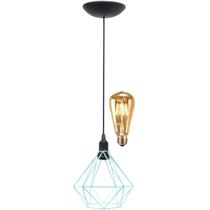 Pendente Aramado Diamante Teto Luminária Retrô Balcão Agp Azul Turquesa + Lâmpada Led ST64 Vintage