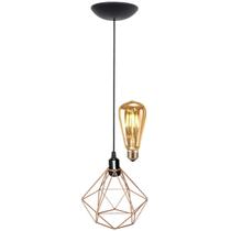 Pendente Aramado Teto Diamante Luminária Lustre Retrô Balcão + Lâmpada Led ST64 Cobre Rose Gold