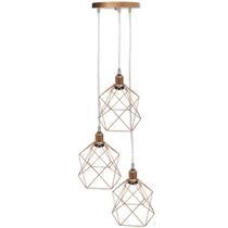 Pendente Aramado Triplo Cálice Luminária Lustre Cabo Cristal Retrô Vintage Cobre Rose Gold Agp