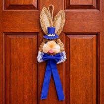 Pendente Cabeça Coelho Com Laço Decoração Páscoa Palha 40cm Azul