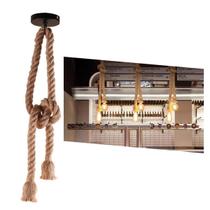 Pendente Corda Sisal Duplo 1,60M Lustre Vintage Retro Rústico Para Nó Com 2 Bocais E27 E Canopla De Metal Para Teto