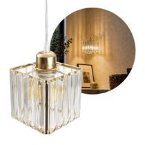 Pendente de Cristal Quadrado Dourado E27 2m Moderno P/ Quarto Cinderella ST3304