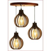 Pendente De Madeira Trio Triplo Lustre Vintage Retro Decoração