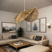 Pendente de Teto Lustre Luminária em Juta Dourado 72 cm Feito à Mão, Design Alongado, Estilo ResortChic, Certificado