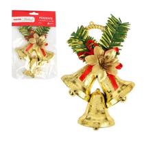 Pendente Enfeite Natal Arvore Sino Triplo Dourado Flor laço