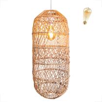 Pendente Fibra Natural Rattan Artesanal Varanda Nat74 + Led