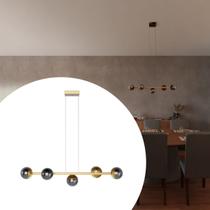Pendente Lustre de Teto Jabuticaba Dourado de Alumínio Com 5 Globos Vidro Fume
