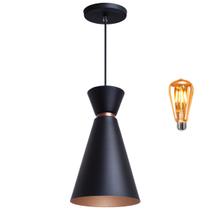 Pendente Lustre Luminária Pequim Preto 30cm + Led Retrô Vintage Moderno