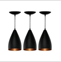 Pendente Lustre Vegas Kit Com 3 Preto Com Cobre Cozinha Sala