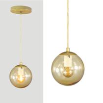 Pendente OURO C/ Globo Esfera de Vidro AMBAR de 14cm