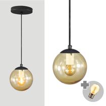 Pendente PRETO C/ Globo de Vidro AMBAR de 14cm + LED 2W