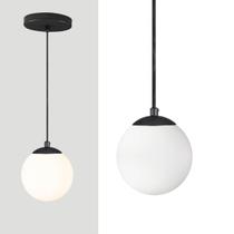 Pendente PRETO C/ Globo Esfera de Vidro BRANCO de 14cm