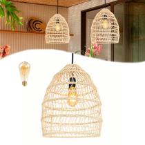 Pendente Rattan Em Fibra Natural Boho Varanda Fib02 + Led Pendente Rattan Em Fibra Natural Boho Varanda Fib02 + Led