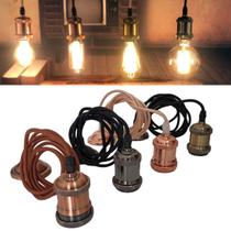 Pendente Rústico Retrô Vintage De Metal Para Teto De 2 Metros Soquete Bocal E27 Com Fio Cabo Em Tecido Com Tampa Canopla Pendente Rústico Retrô Vintage De Metal Para Teto De 2 Metros Soquete Bocal E27 Com Fio Cabo Em Tecido Com Tampa Canopla