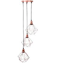 Pendente Triplo Luminaria Teto Diamante Rose Gold Pirâmide Aramado Base Tripla Fio Cristal