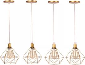 Pendentes Aramado Diamante Dourado Com Cabo 1 Metro Regulável Kit Com 4