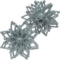 Pendentes Enfeite Natalino Flores Com Gliter Prata Kit 8pçs Pendentes Enfeite Natalino Flores Com Gliter Prata Kit 8pçs