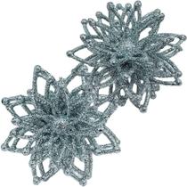 Pendentes Enfeite Natalino Flores Com Gliter Prata Kit 8pçs Pendentes Enfeite Natalino Flores Com Gliter Prata Kit 8pçs