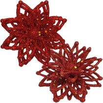 Pendentes Enfeite Natalino Flores Gliter Vermelho Kit 16pçs