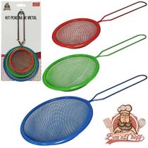 Peneira coador de metal colorida com 3 pecas coar suco farinha acucar - Bons cheff Peneira coador de metal colorida com 3 pecas coar suco farinha acucar - Bons cheff
