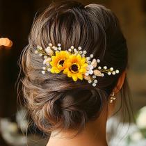 Pente de cabelo de casamento JEAIRTS Sunflower Bride Crystal Pearl