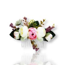 Pente de Cabelo de Ferro com Flores Lilás e Rosa para Casamento