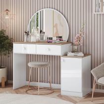 Penteadeira 124cm com Espelho Circular 1 Porta 2 Gavetas Agnes Henn - Branco/Jequitibá HP Penteadeira 124cm com Espelho Circular 1 Porta 2 Gavetas Agnes Henn - Branco/Jequitibá HP