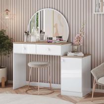 Penteadeira Agnes 2 Gavetas Espelho Circular e Puxadores em Abs Branco/Marrom