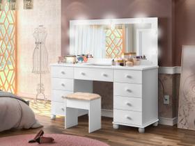 Penteadeira Camarim 9 Gavetas Com Banqueta Estofada Espelho Gaveta Colmeia E LED