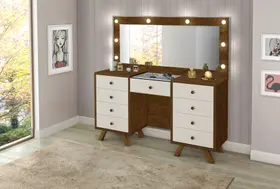 Penteadeira Camarim 9 Gavetas Retro Mila C/led -Espelho- Gaveta Maquiagem - Castanho/Off Penteadeira Camarim 9 Gavetas Retro Mila C/led -Espelho- Gaveta Maquiagem - Castanho/Off