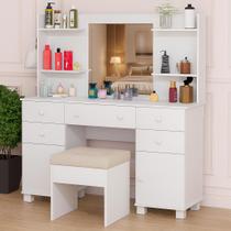 Penteadeira Camarim Com Banqueta Espaçosa Com Prateleiras e Portas Para Maquiagem Para Quarto ou Closet Espelho Grande