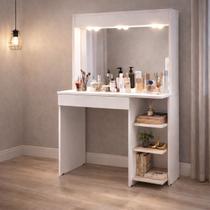 Penteadeira Camarim com Espelho Moldura e Luz LED 3 Prateleiras Branco