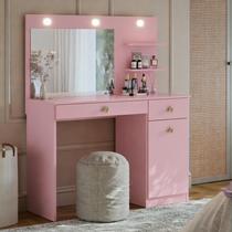 Penteadeira Camarim Jolie com LED e Espelho 90cm com Gavetas Porta e Prateleiras para Maquiagem Moderna Quarto