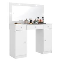 Penteadeira Camarim Makeup com Led e 3 Gaveta 2 Portas 108x134cm-Branca-EdeCasaMoveis