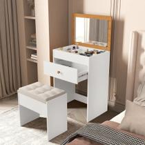Penteadeira Camarim MDF Branco Nature com Espelho, Gaveta e Banqueta