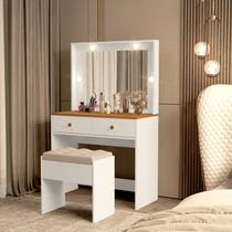 Penteadeira Camarim Mdf Premium Espelho Com Led E Banqueta Estofada Suede Quarto