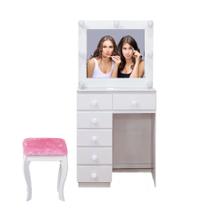Penteadeira Camarim Pequena Completa Branca Com Espelho Banco Pink/Pux Rosê S/LAMP