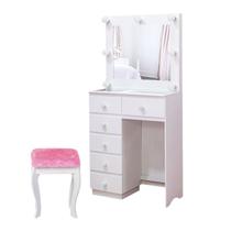 Penteadeira Camarim Pequena Completa Branca Com Espelho Banco Pink/Pux Rosê S/LAMP