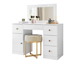 Penteadeira Camarim Sonho Maquiagem Com LED 5 Gaveta e Porta Quarto Mesa Moderna Branco