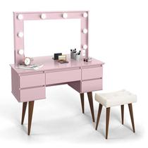 Penteadeira Camarim Strass 5 Gavetas com Espelho e LED + Banqueta mdf/mdp Rosa - Incasa