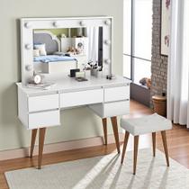 Penteadeira Camarim Strass Retro Mdf/Mdp + Banqueta 5 Gavetas -Espelho -Tomada- Branco -Patrimar