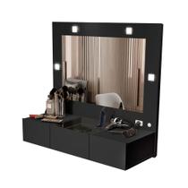 Penteadeira Camarim Suspensa Sofia com Espelho e Gavetas para Decoração e Organização Design Moderno Preto Acetinado