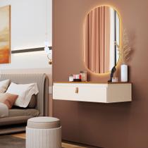 Penteadeira Diana Suspensa com puxador em couro e 1 gaveta - Off White com Nature Penteadeira Diana Suspensa com puxador em couro e 1 gaveta - Off White com Nature