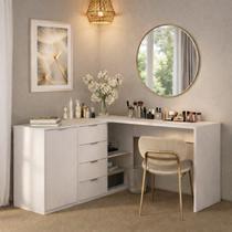 Penteadeira em L ou Extensível sem Espelho 4 Gavetas 1 Porta 2 Nichos Elegance Yescasa Branco Penteadeira em L ou Extensível sem Espelho 4 Gavetas 1 Porta 2 Nichos Elegance Yescasa Branco