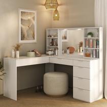 Penteadeira Escrivaninha em L com Espelho Led 5 Gavetas 6 Nichos