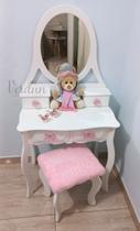 Penteadeira Infantil 4 gavetas Branca MDF Banco Espelho Completa - Rosa/ Pelúcia Rosa